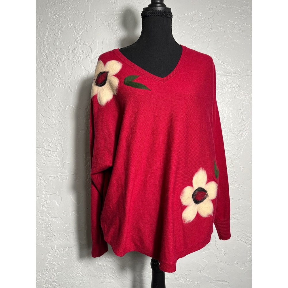 Aaeda XL Red Floral Applique Sweater V Neck Oversized Artsy Boho Pullover